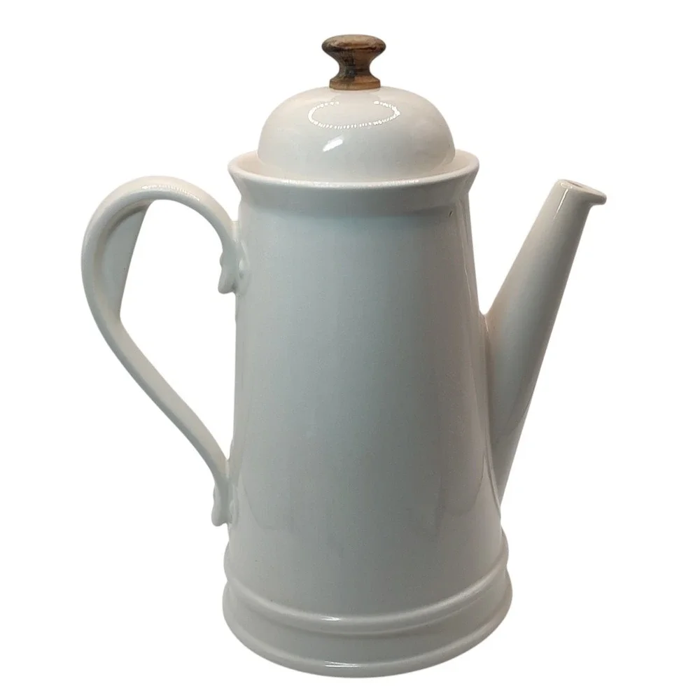 Vintage Stoneware Coffee Pot with Lid White Wooden Knob on Lid Ten Inch Six Cups